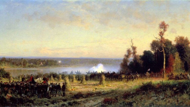 two groups of soldiers and infantry face each other in a field with trees on one side. Smoke from a cannon is seem in the background