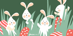 cartoon bunnies frolic among long green grass and red Easter eggs