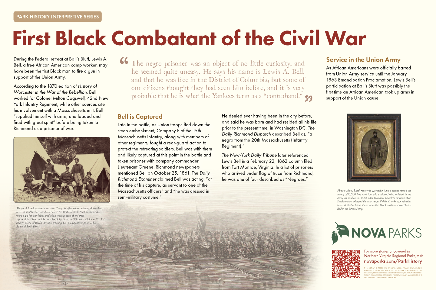 Park History Interpretive Series The First Combatant of the Civil War Interpretive sign