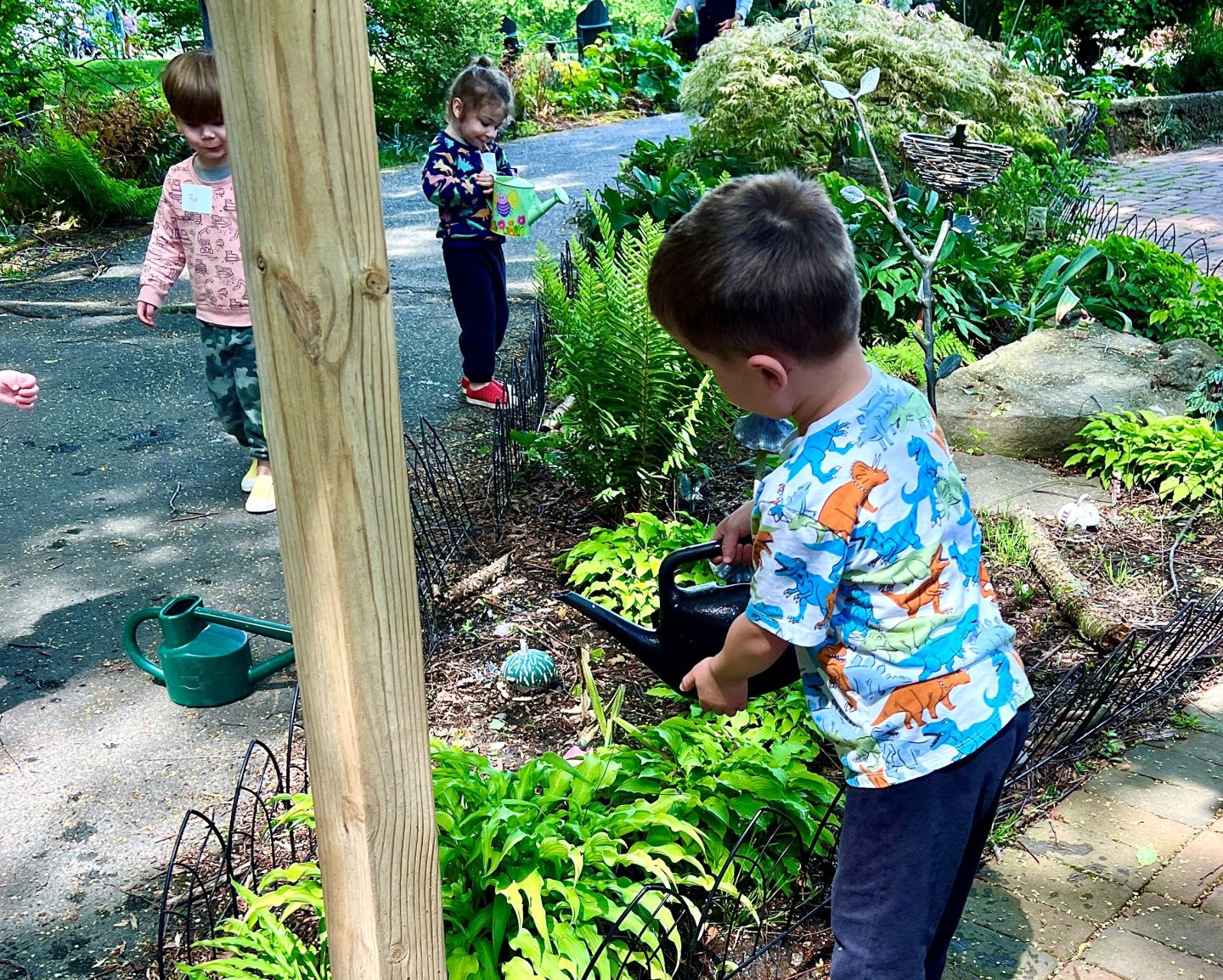preschoolers watering gardens