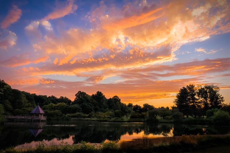 Lake Caroline in Meadowlark Botanical Garden with a brilliant orange sunset