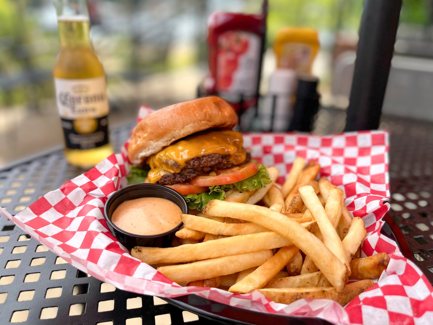 Burger on the Outdoor Patio of Brickmakers Cafe