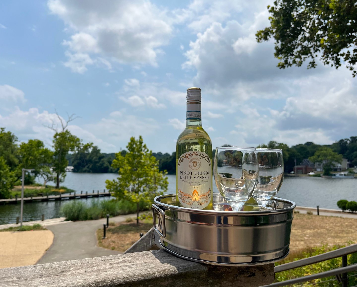 Wine and wine glasses on the Outdoor Patio of Brickmakers Cafe