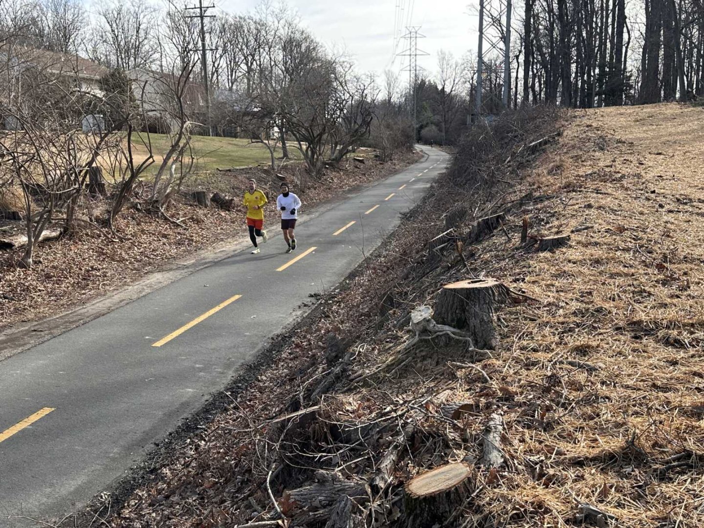 Two people jogging on a paved trail surrounded by trees and dry grass.