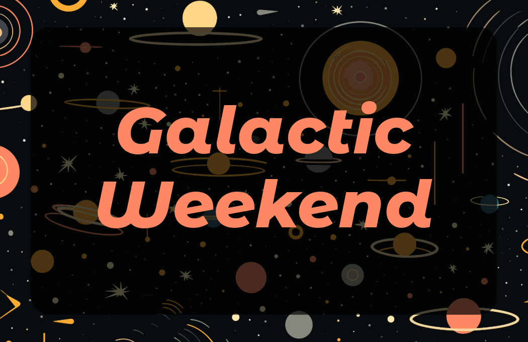 Galactic-themed graphic with planets and stars.