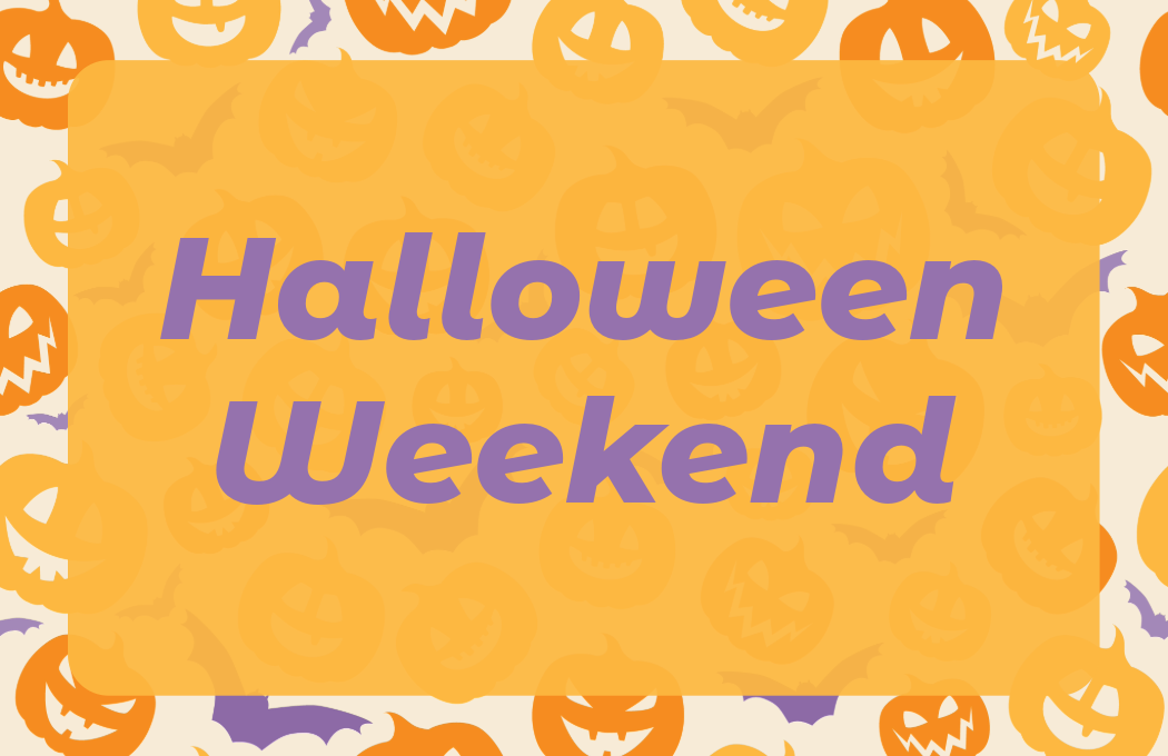 Halloween-themed graphic with pumpkins and bats.