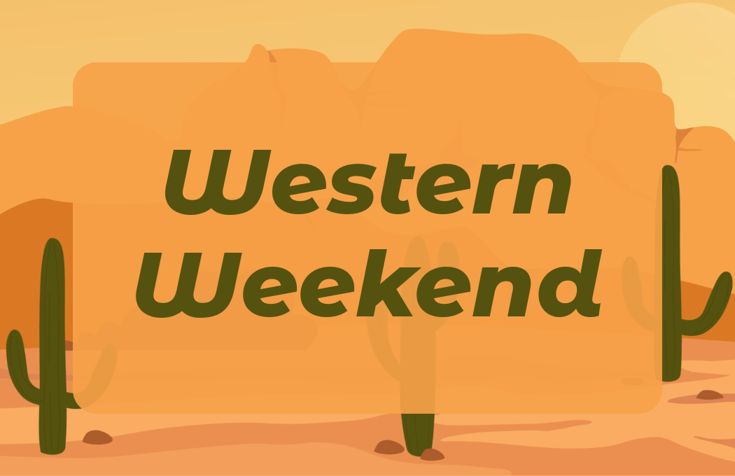 Desert landscape with cacti at sunset. Text reads "Western Weekend."