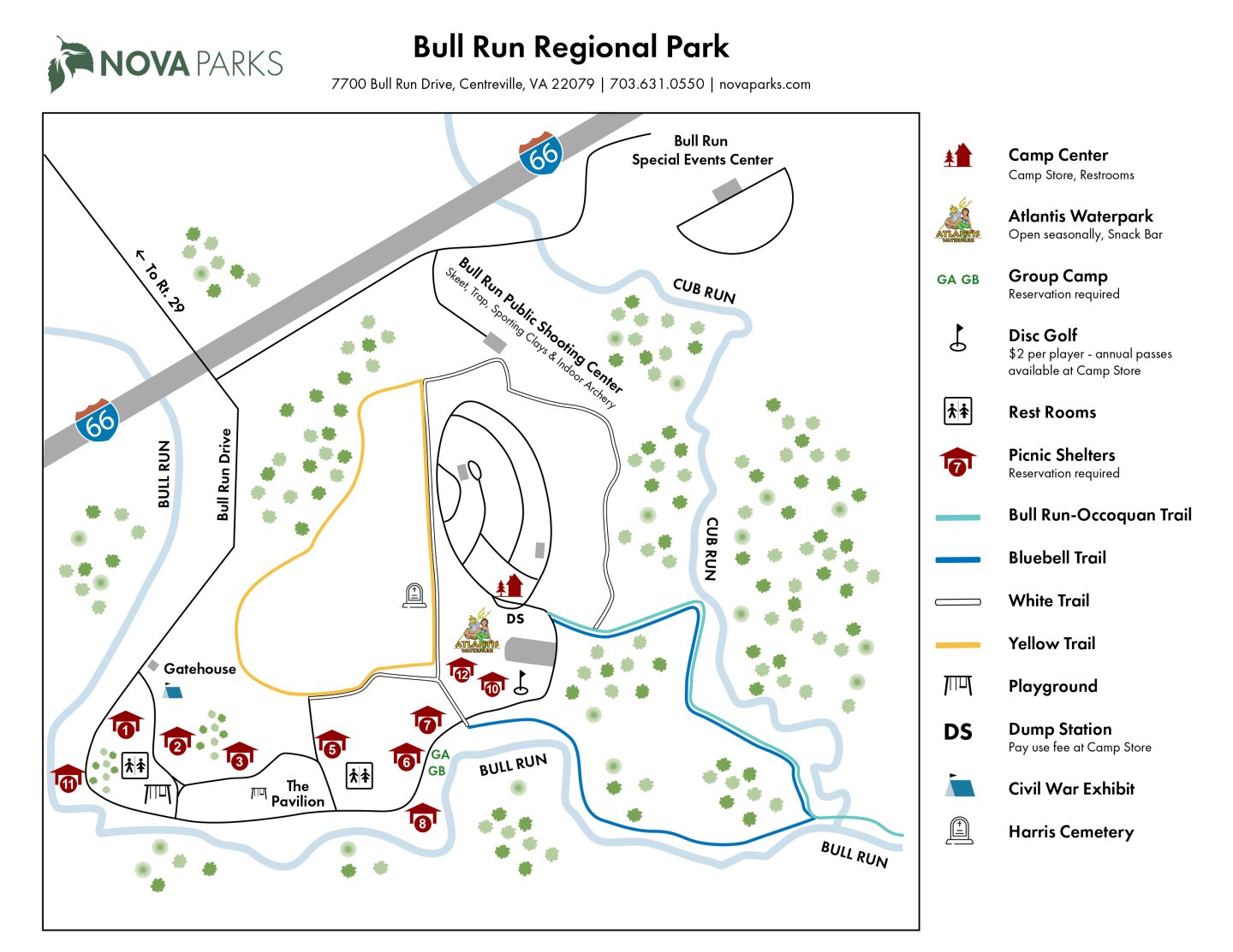 Map of Bull Run Regional Park showing trails, campsites, and amenities.