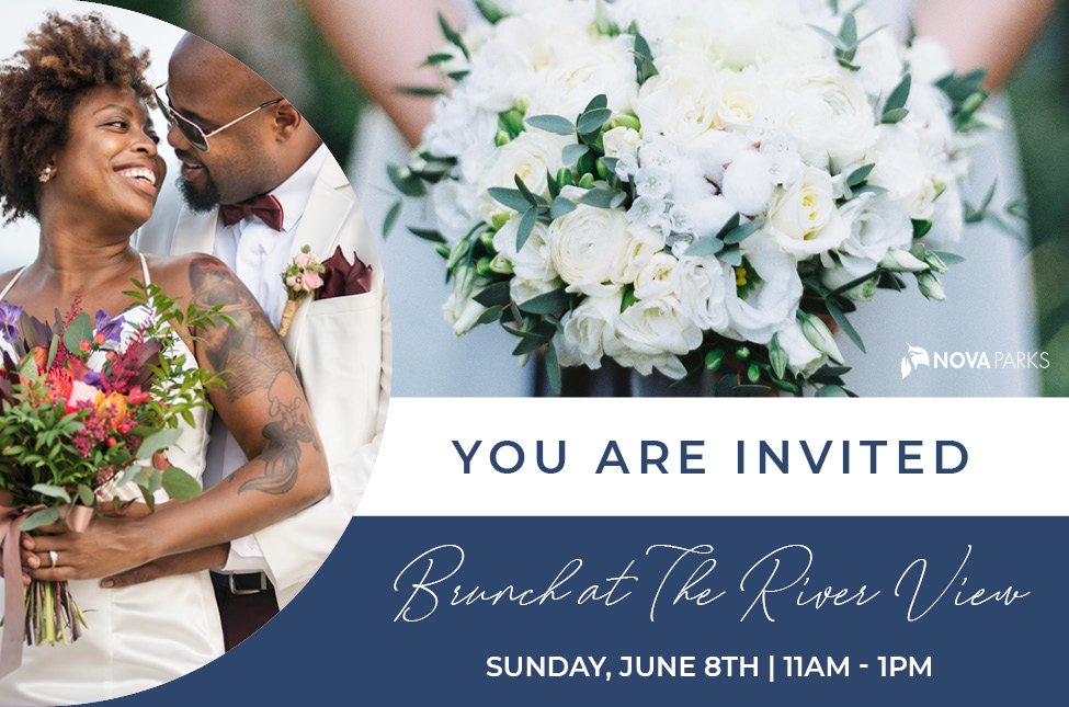 Couple smiling with bouquet; floral wedding invitation design.