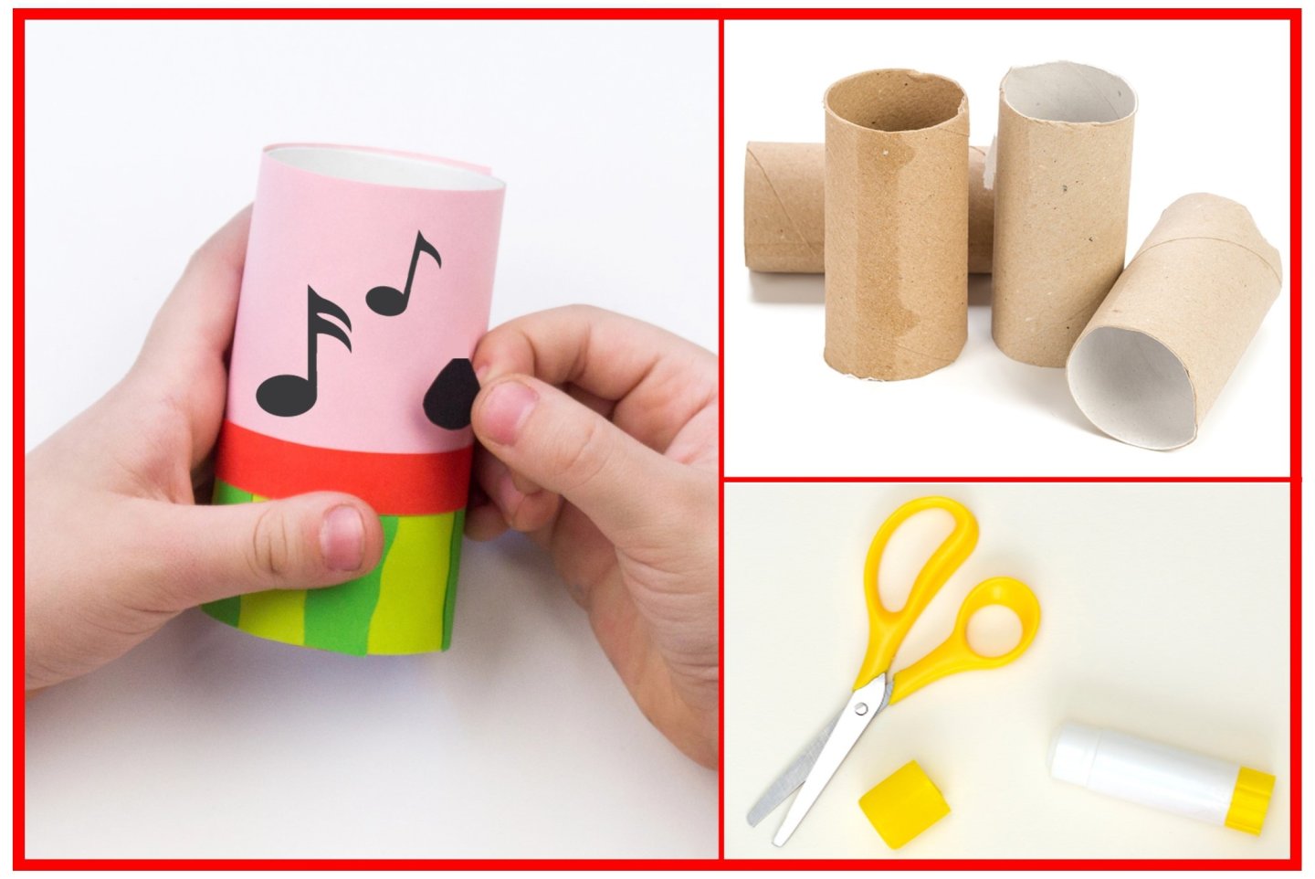 Hands decorating a cardboard roll with colorful paper and musical notes. Scissors and glue nearby.