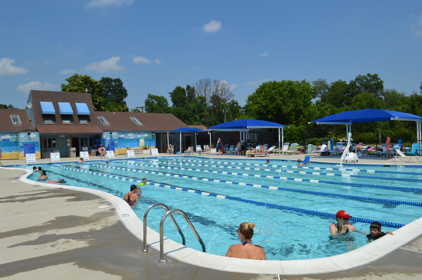 Outdoor pool with swimmers under blue umbrellas, surrounded by trees.