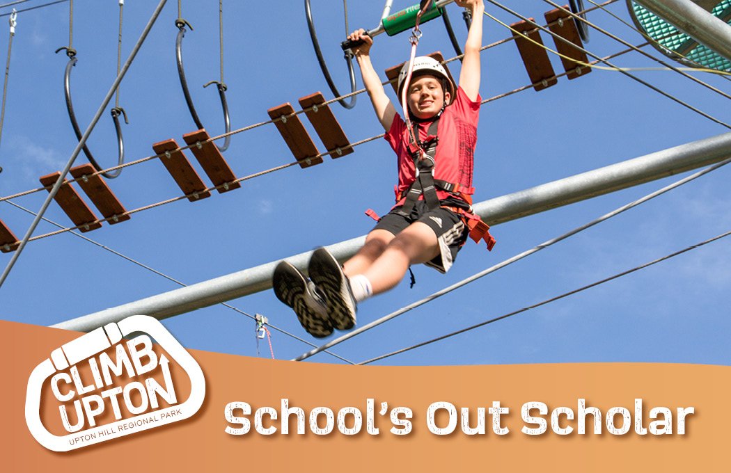Child smiling while zip-lining; Climb Upton logo at bottom.