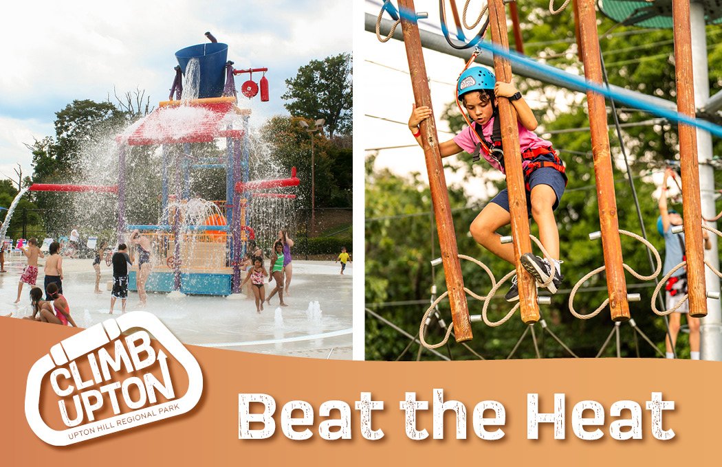 Water park and climbing ropes course split image.