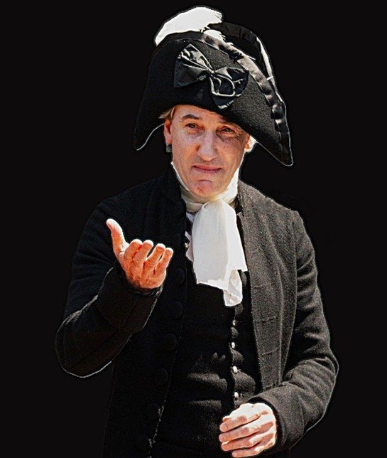 Man in 18th-century attire with tricorn hat and white cravat gestures invitingly.