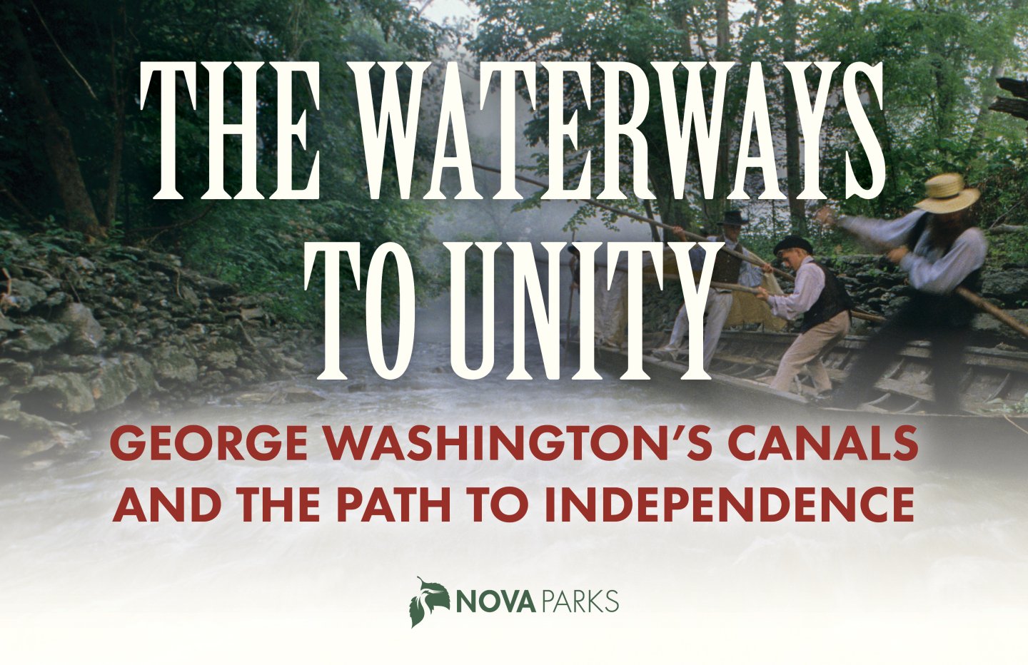 Two people navigate a canoe through a lush, green waterway.