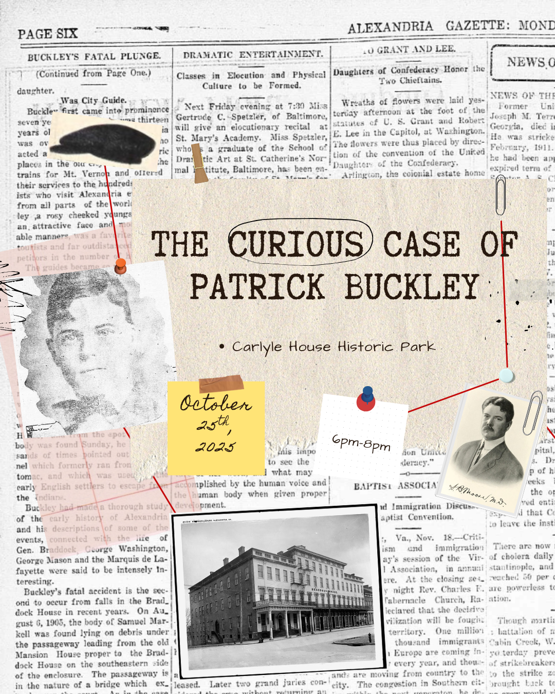 Newspaper-style collage with photos and text about Patrick Buckley.