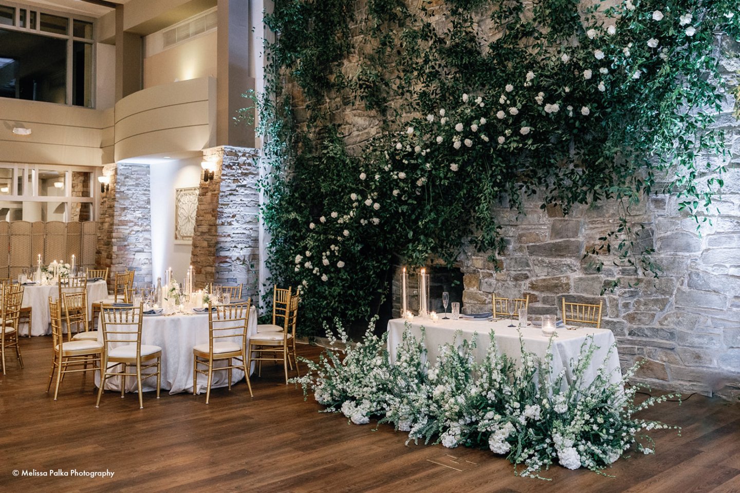 Elegant wedding reception with floral decor and candlelit tables.