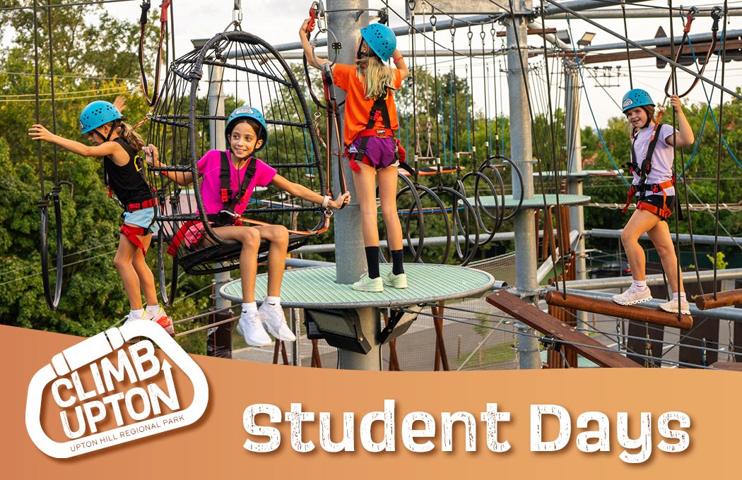 Children climbing on an outdoor ropes course, wearing helmets and harnesses.