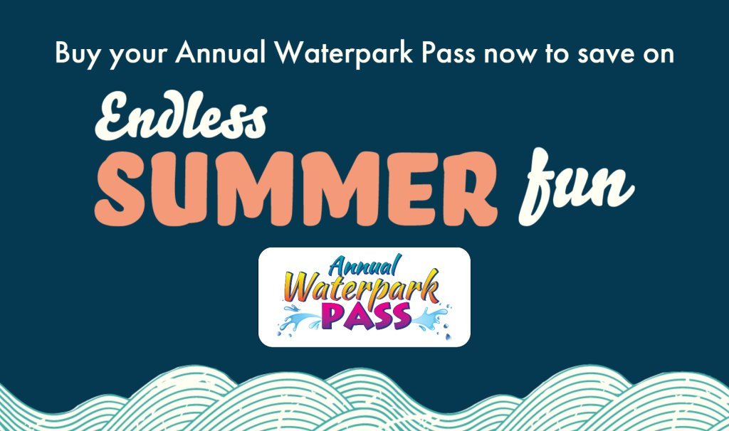 Endless summer fun with Annual Waterpark Pass logo on waves.