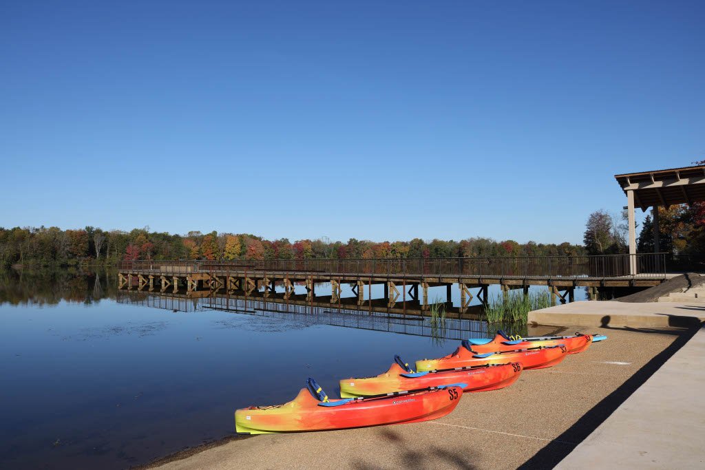 Kayaks lined up by a lake with a wooden dock in the background.