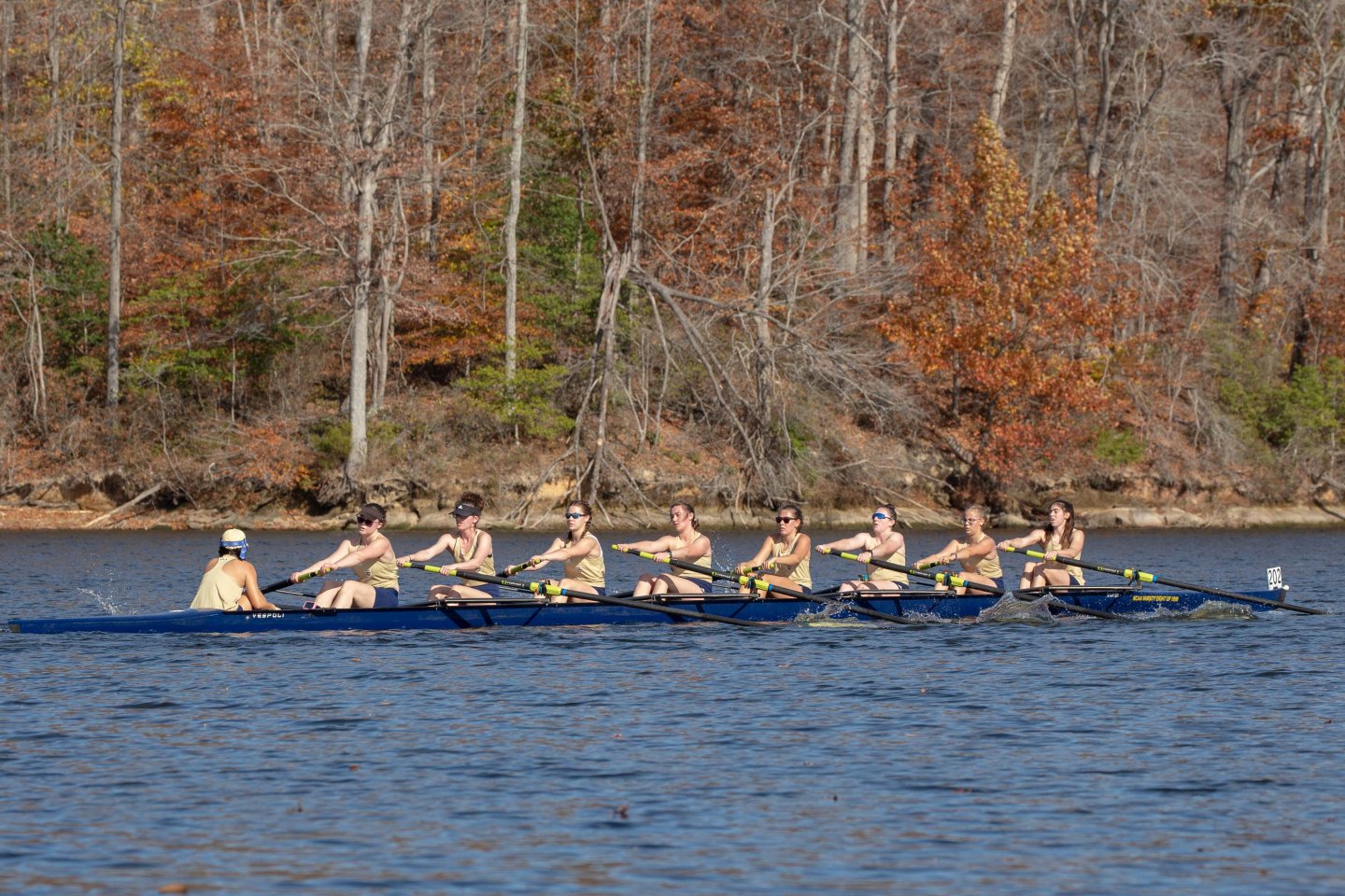Rowers in a long boat on a calm lake, surrounded by autumn trees.