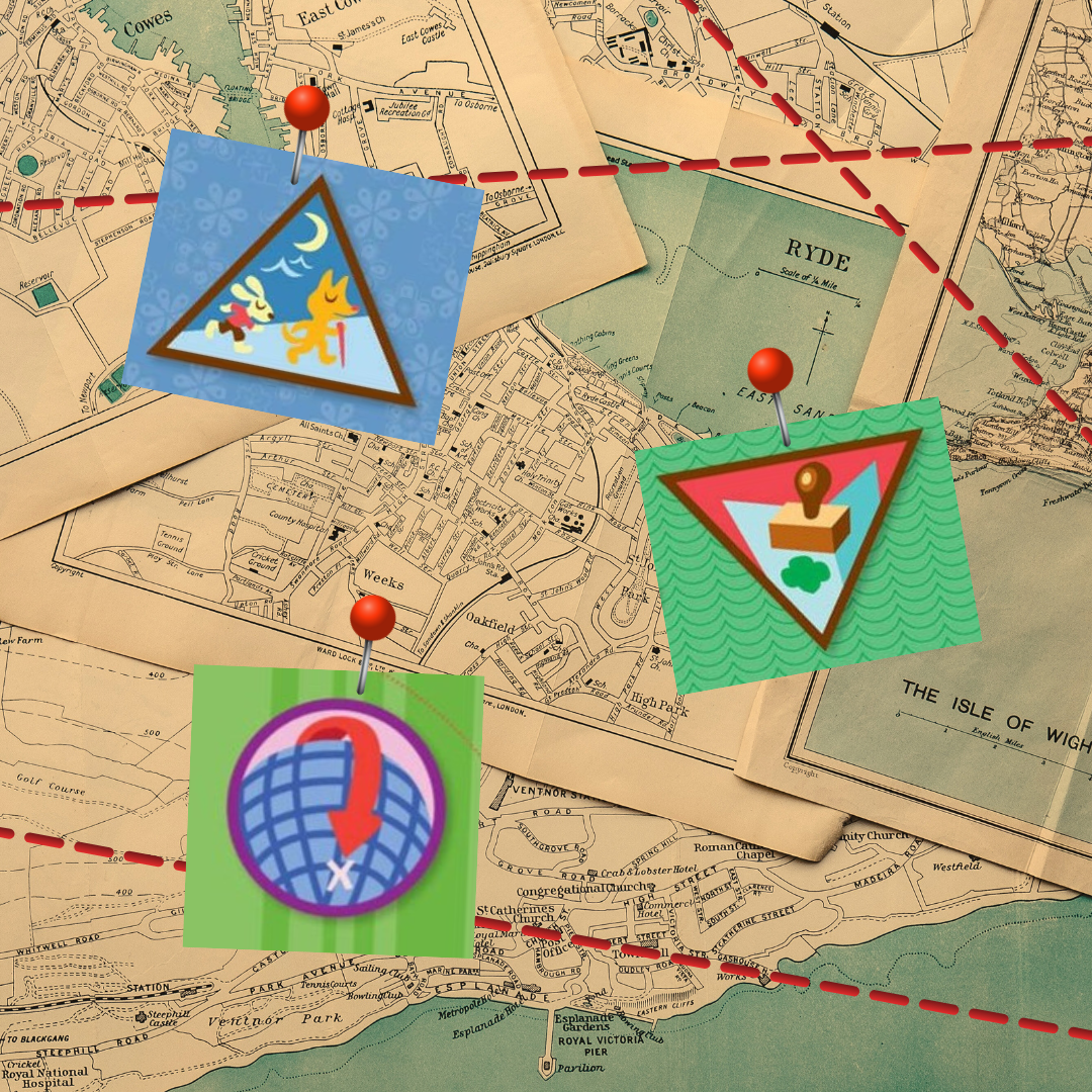 Map with colored pushpins and triangular graphics