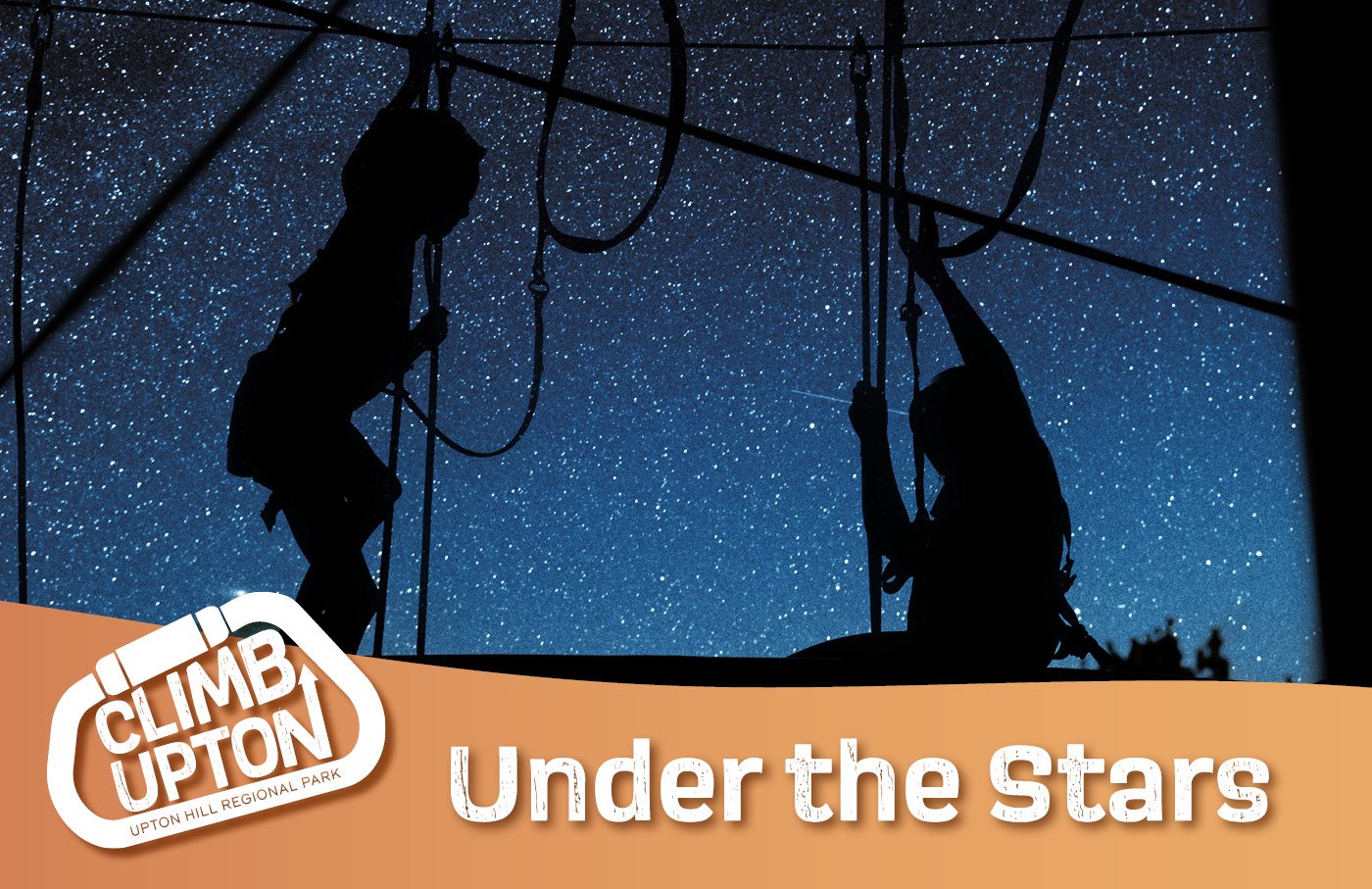 Silhouettes climbing ropes against a starry night sky.