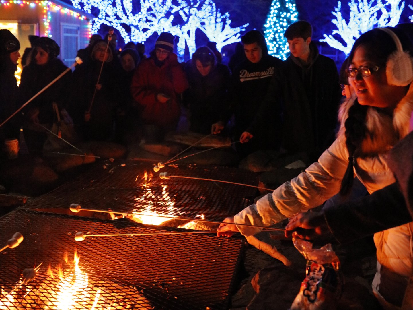 Roasting marshmallows over a fire at night, surrounded by colorful holiday lights.