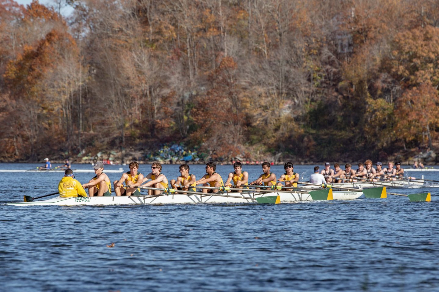 Rowers in yellow uniforms compete on a river with autumn trees in background.