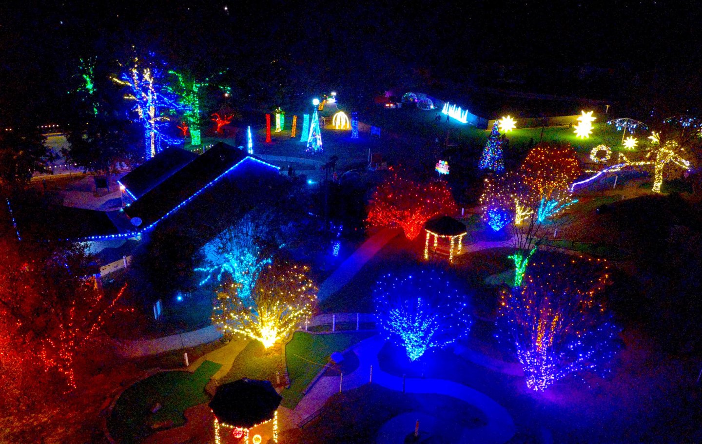 Colorful holiday lights decorate trees and pathways at night.