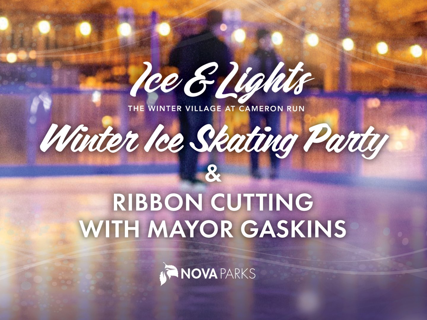 Festive ice skating rink with colorful lights in the evening.
