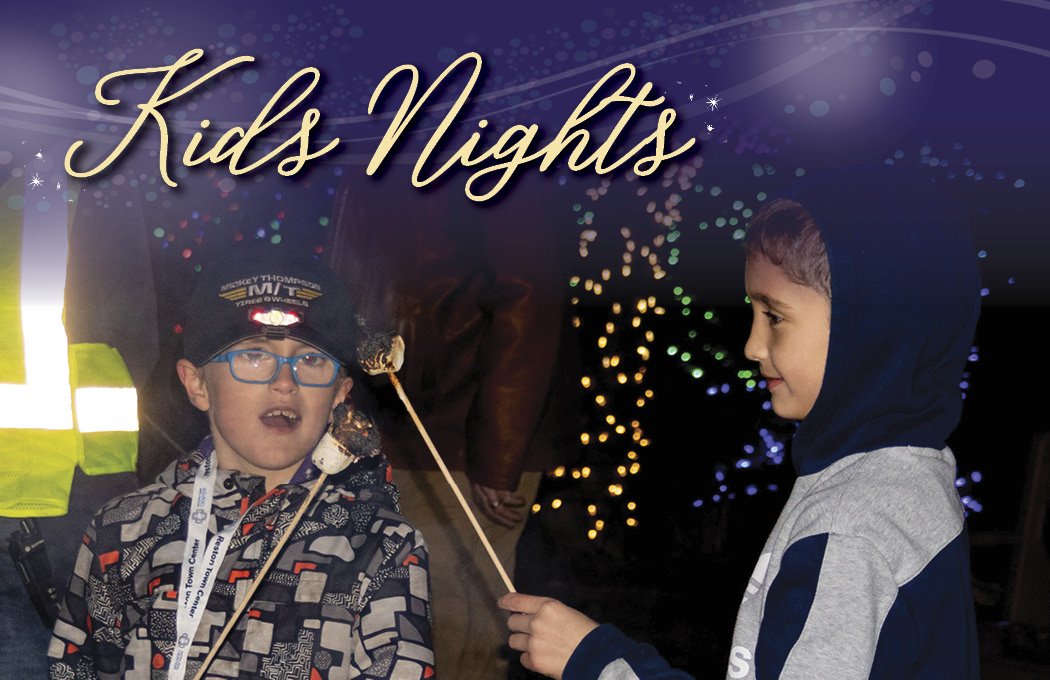 Two boys roasting marshmallows at night, holiday lights in background.