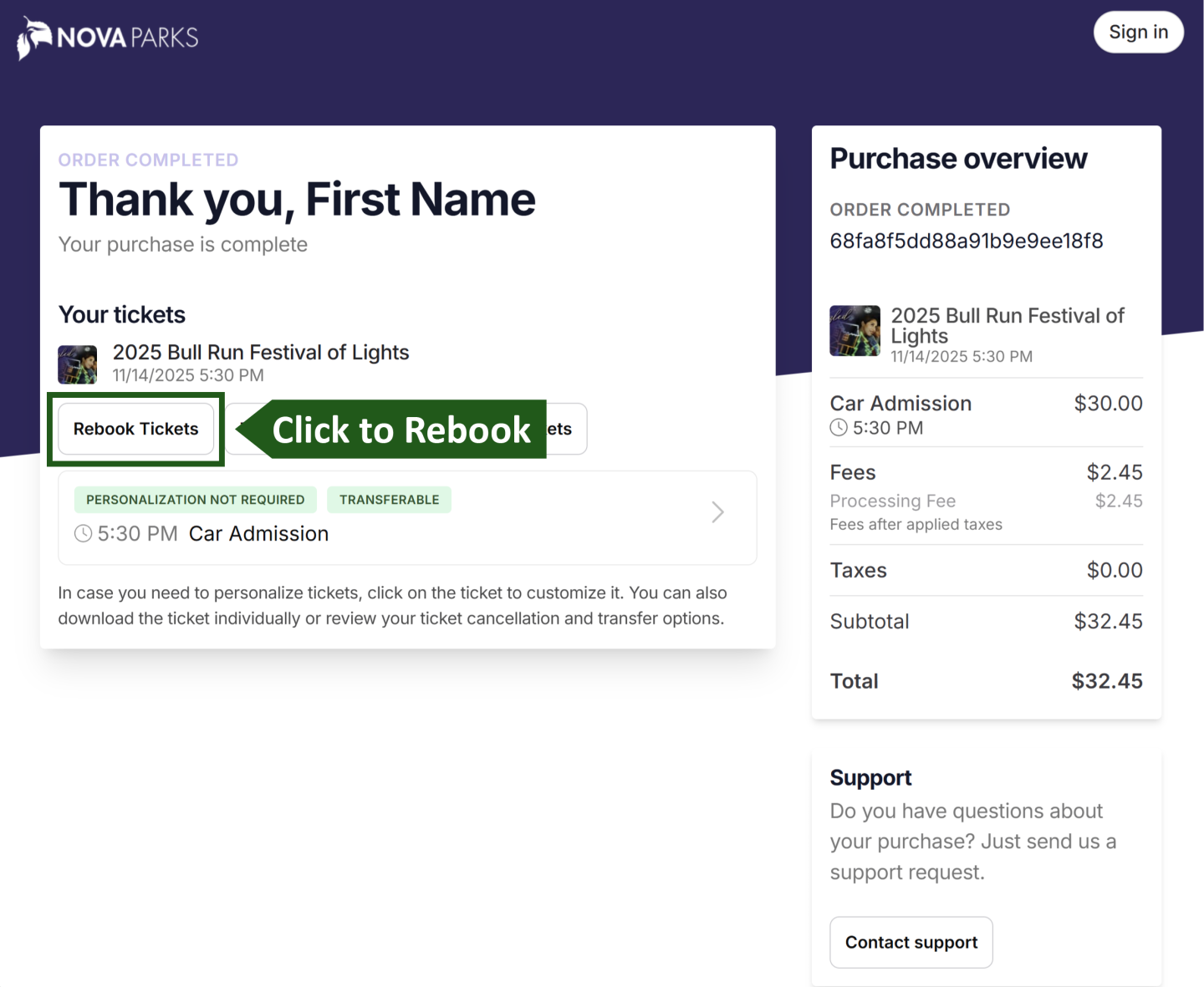 Purchase confirmation for event tickets with details and total cost.
