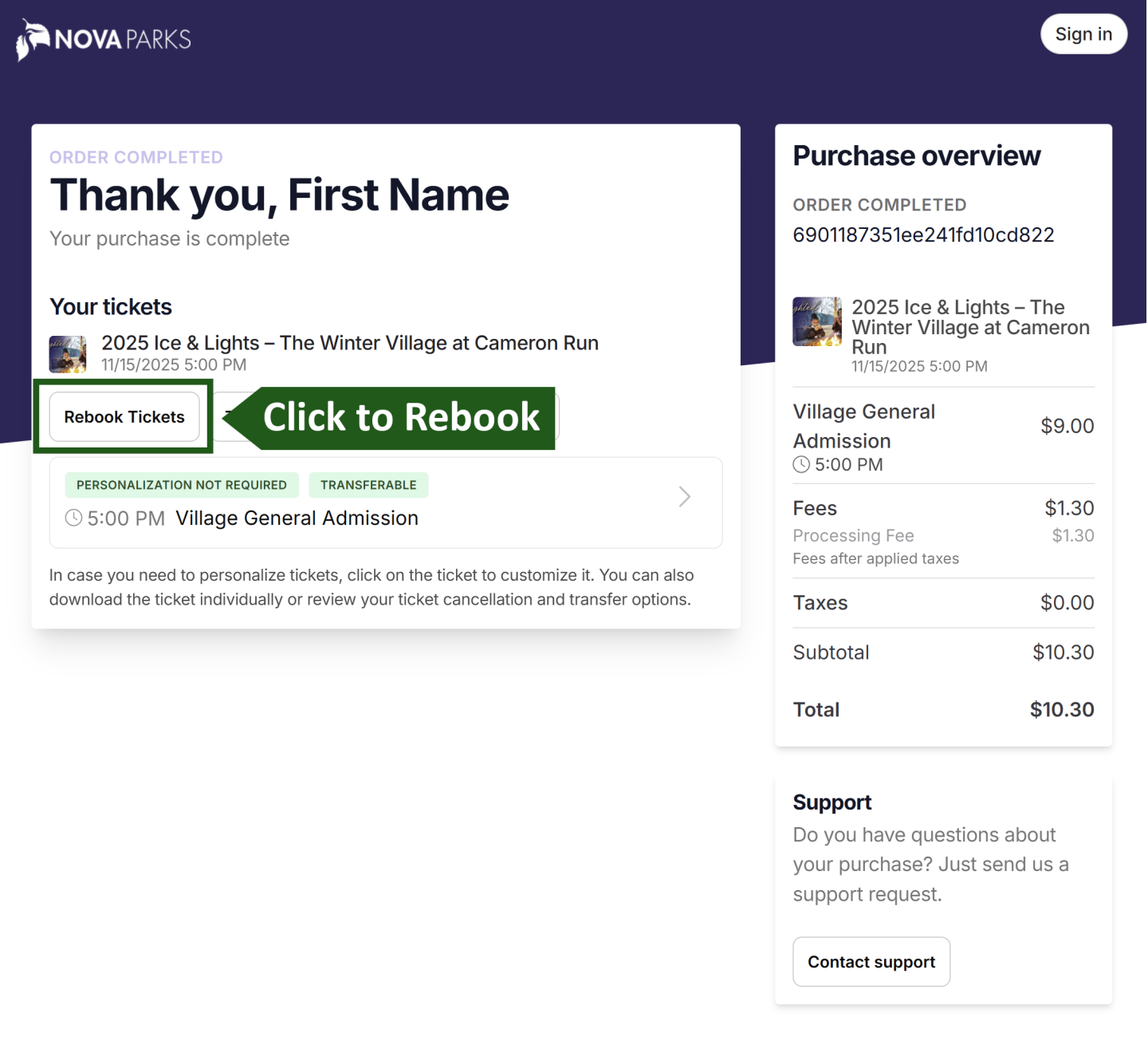 Order confirmation page with event details and purchase overview.