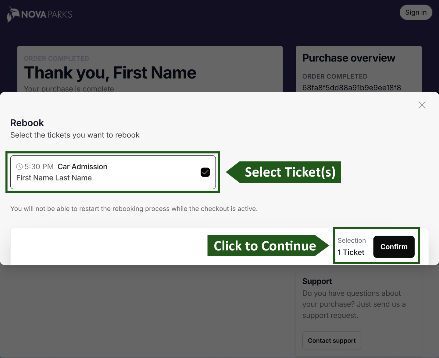 Rebook tickets selection interface with options for car admission.
