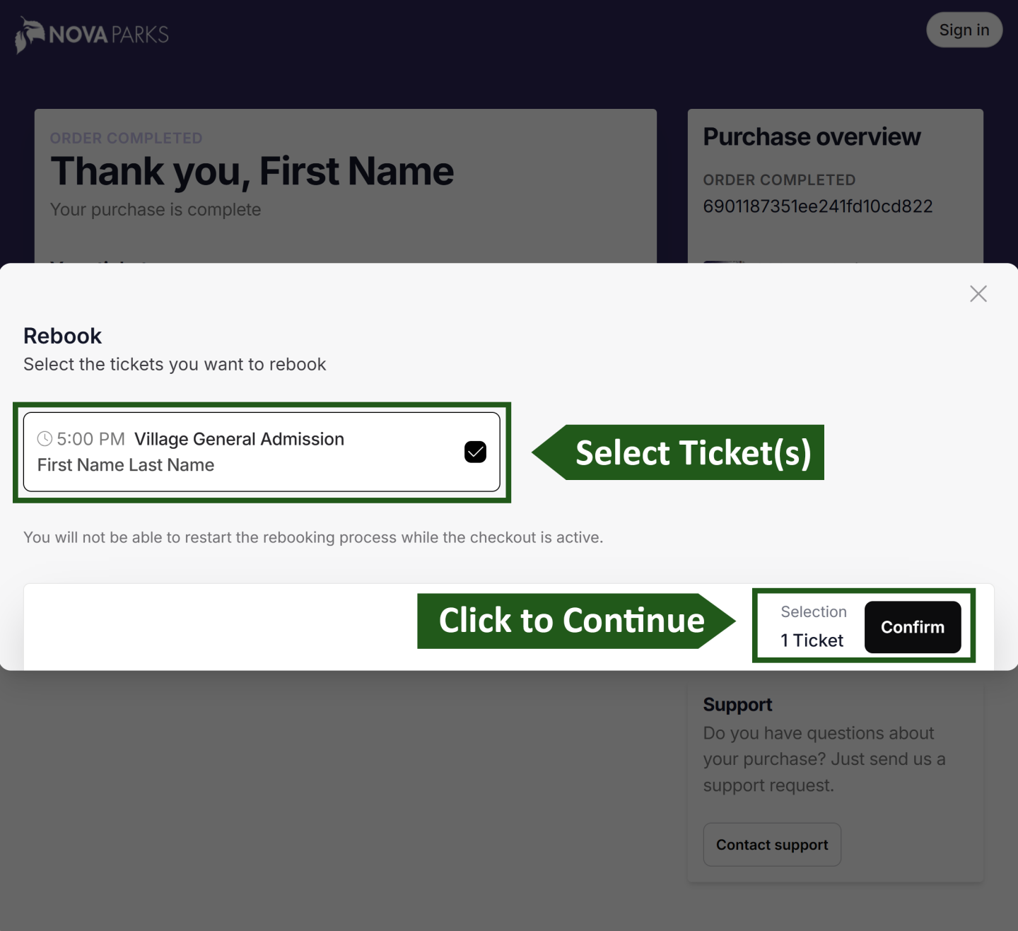 Booking confirmation page with ticket selection form.