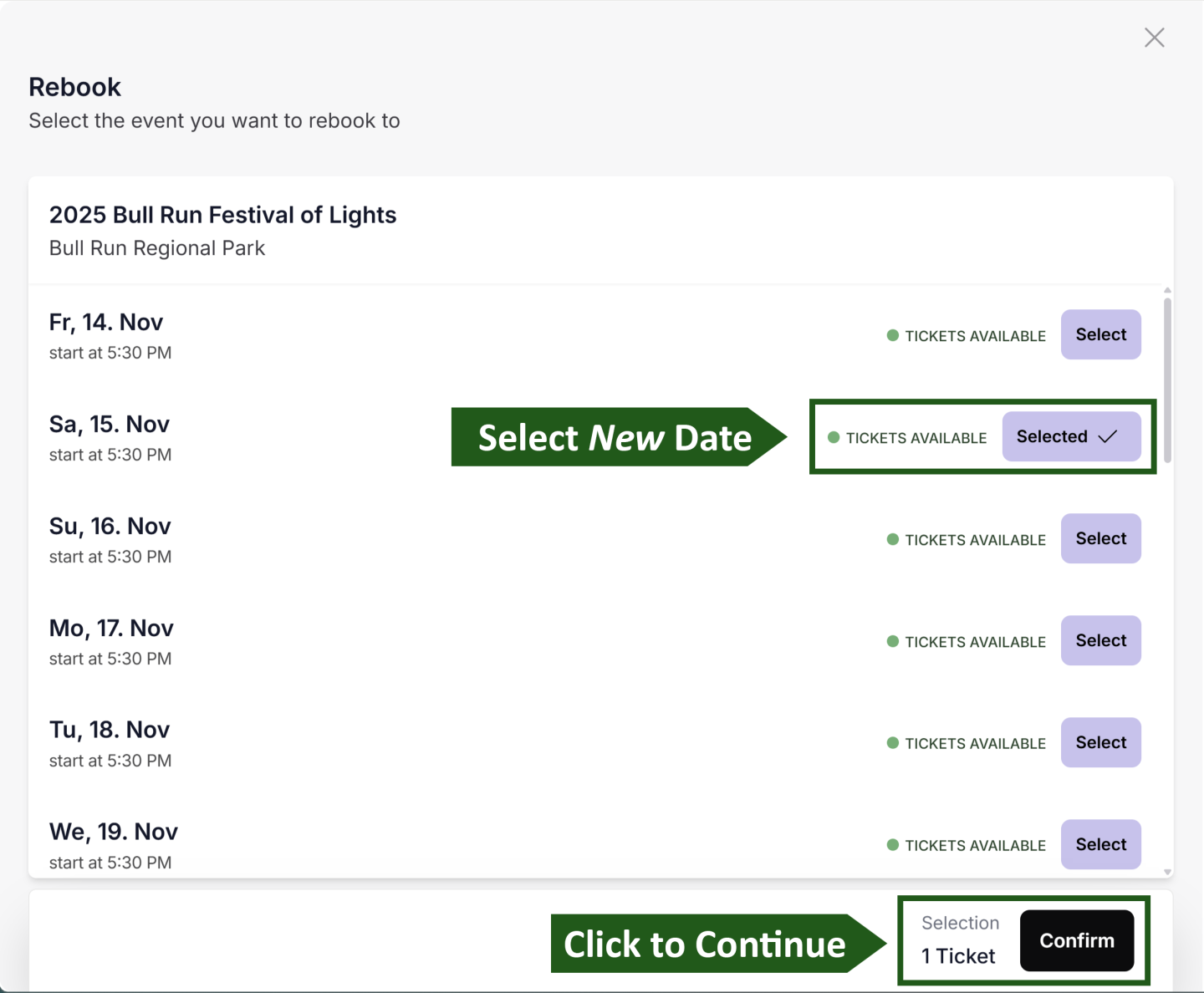 Booking interface with date options and a "Continue" button.