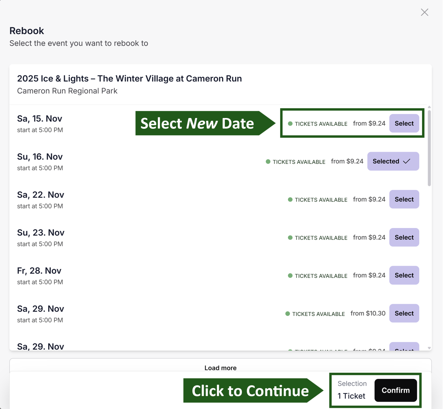 Event rebooking interface showing available dates in November.