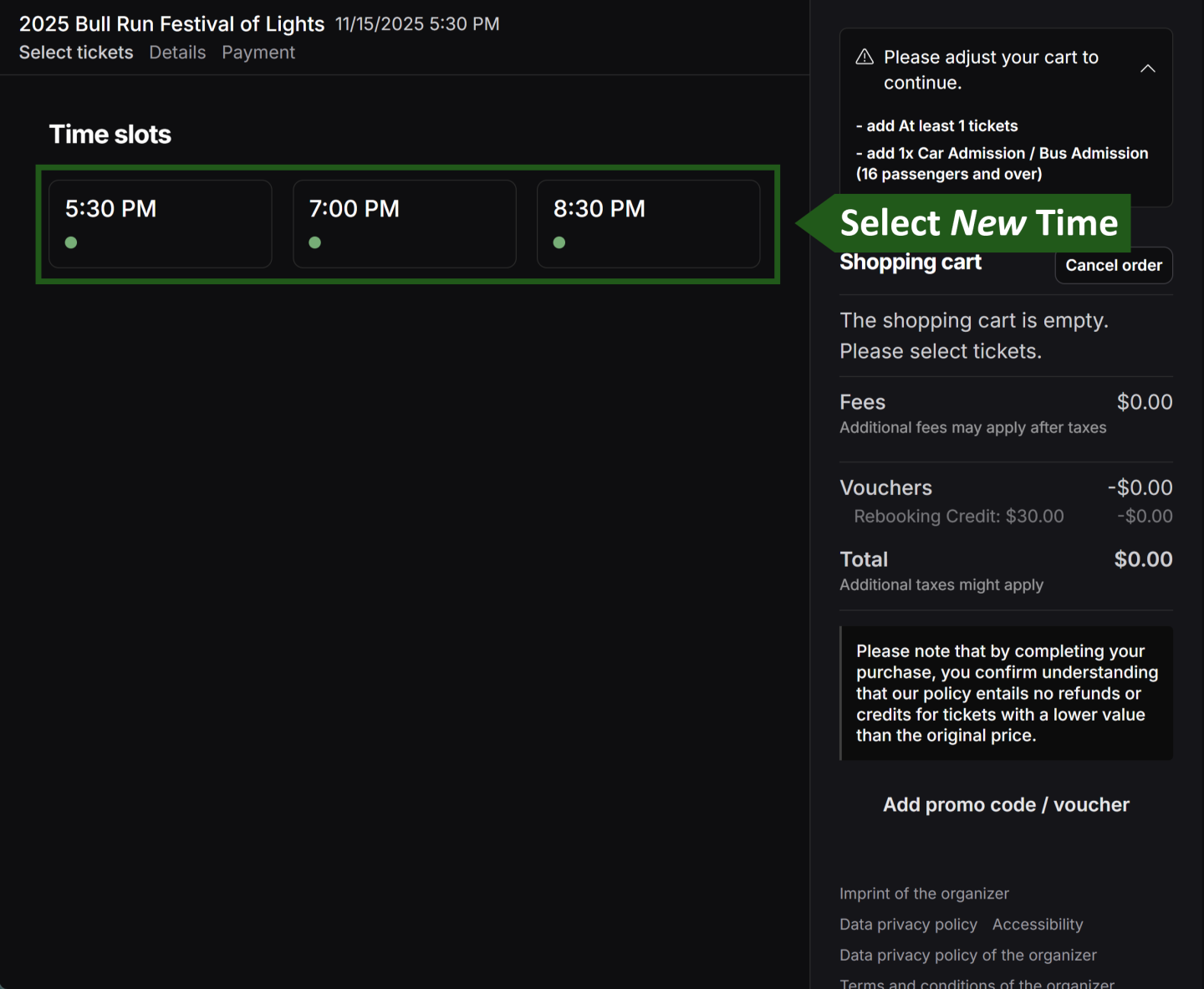 Time slot selection screen with 5:00 PM, 7:00 PM and 8:30 PM options.