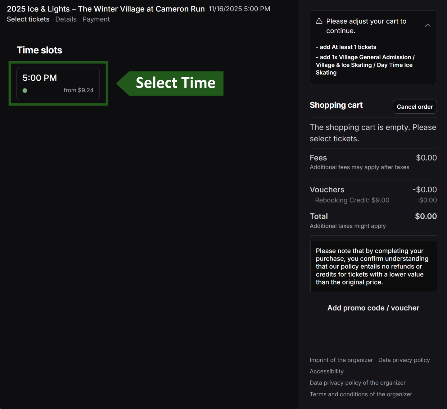 Event booking interface with selected time and shopping cart summary.