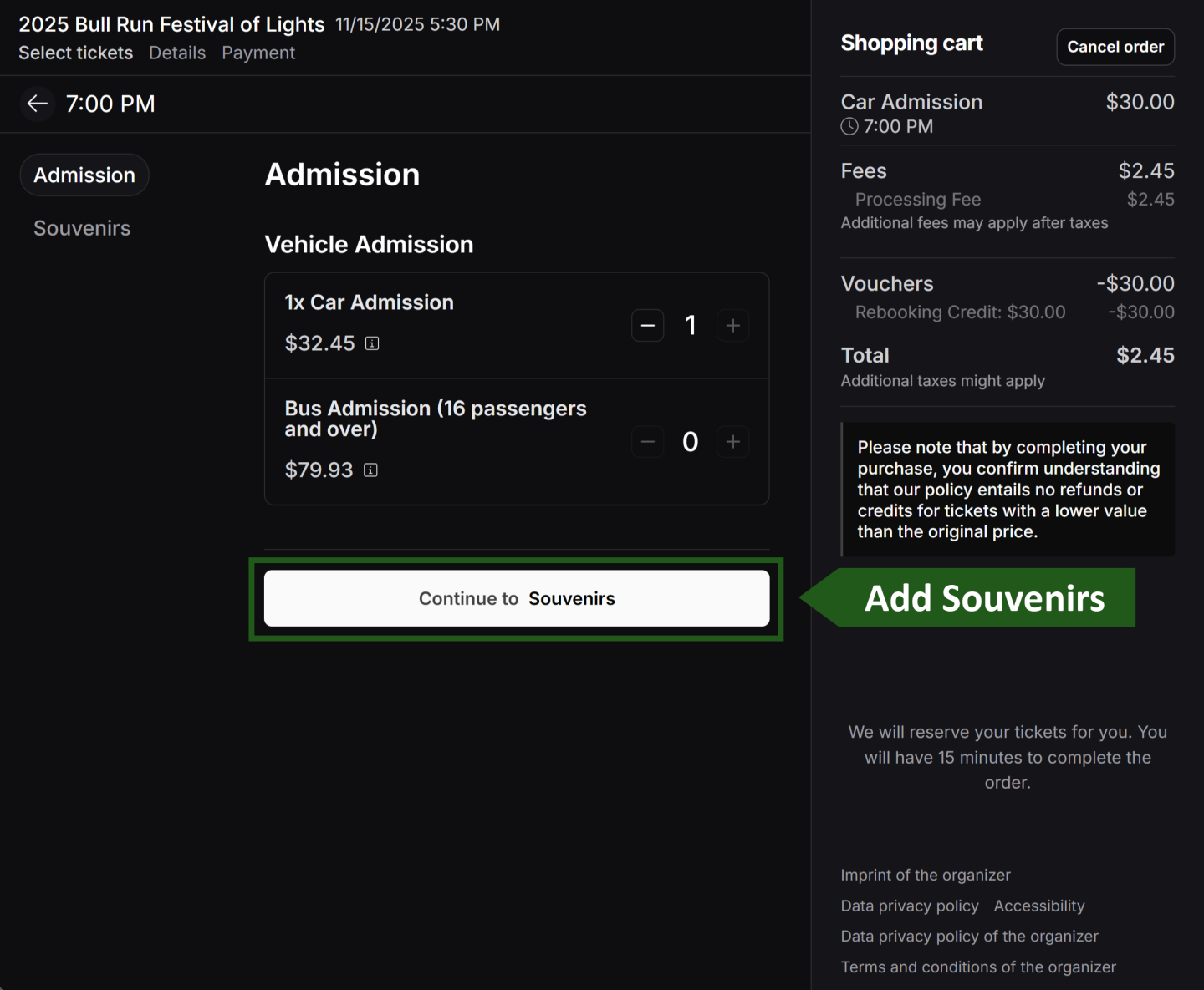 Admission page for an event with vehicle options and a shopping cart summary.