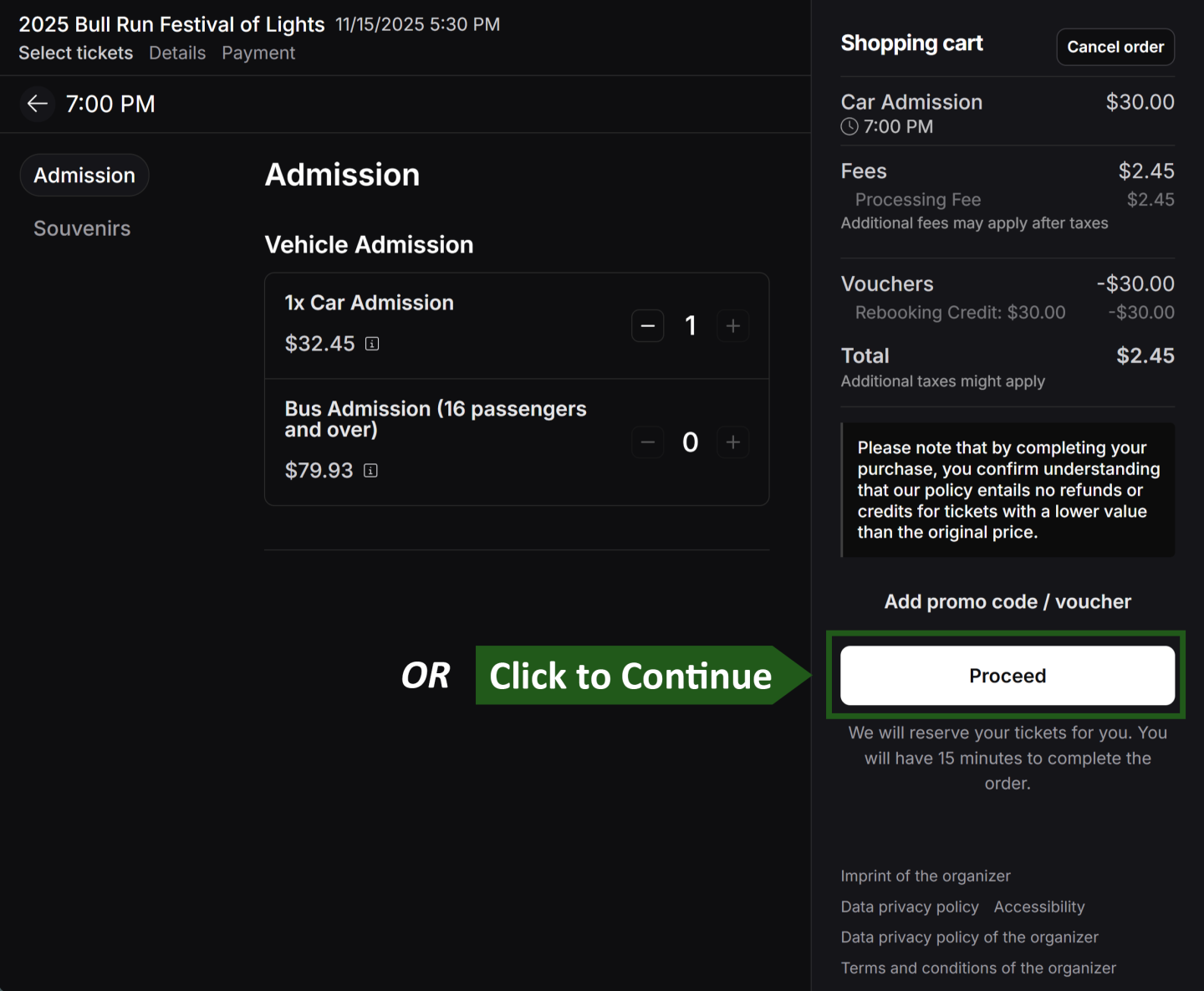 Shopping cart for event admission with ticket and fee details.