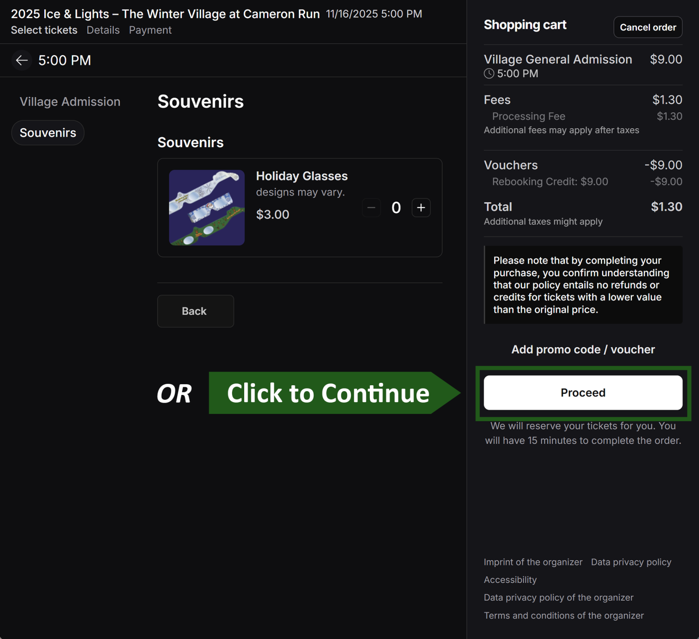 Souvenir shop checkout with holiday glasses, total: $5.00, Proceed button on right.