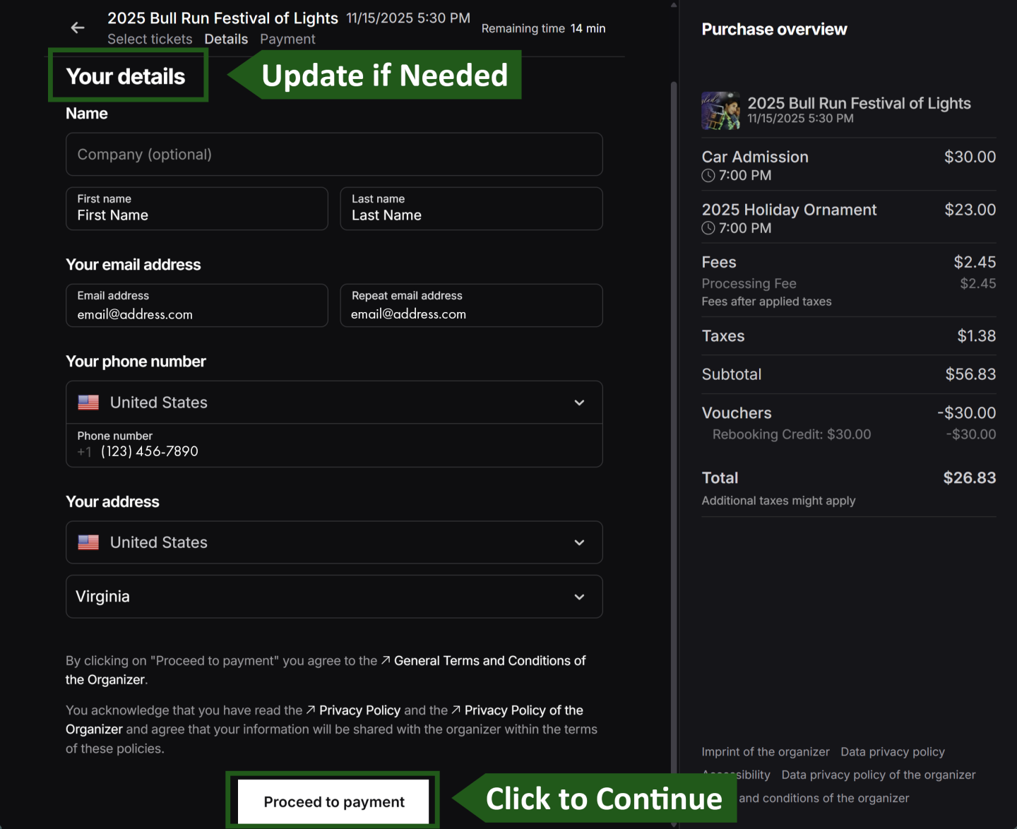 Checkout form with personal details and order summary. Dark theme.
