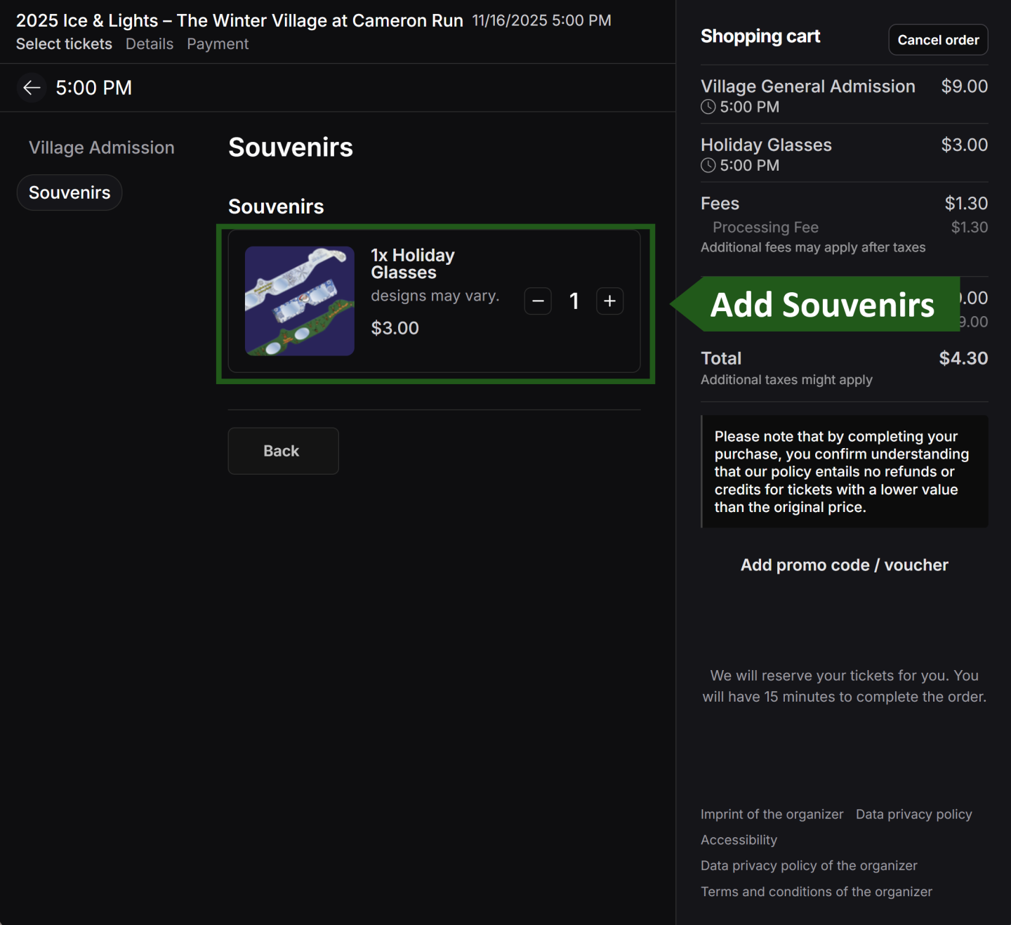 Shopping cart with souvenir, pricing details, and purchase options.