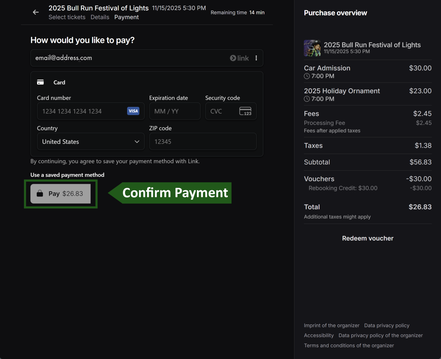 Checkout screen with payment details and a purchase summary.