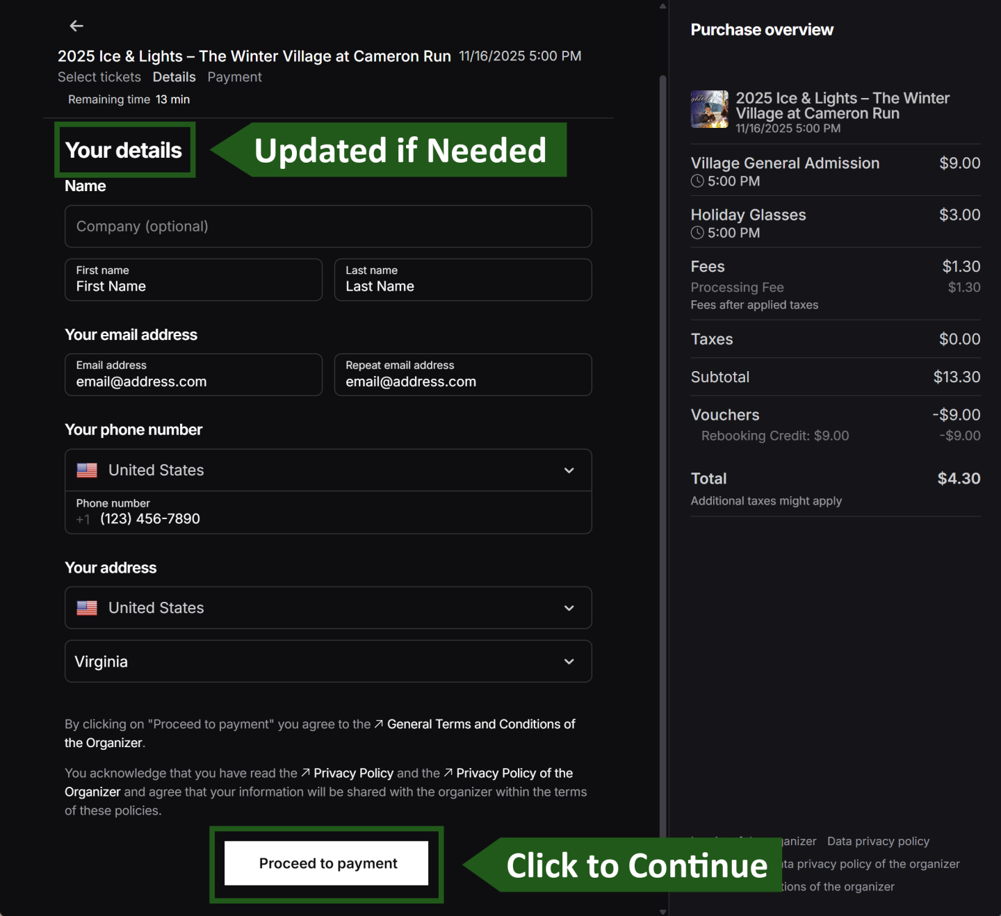 Checkout screen with order summary and payment details form.