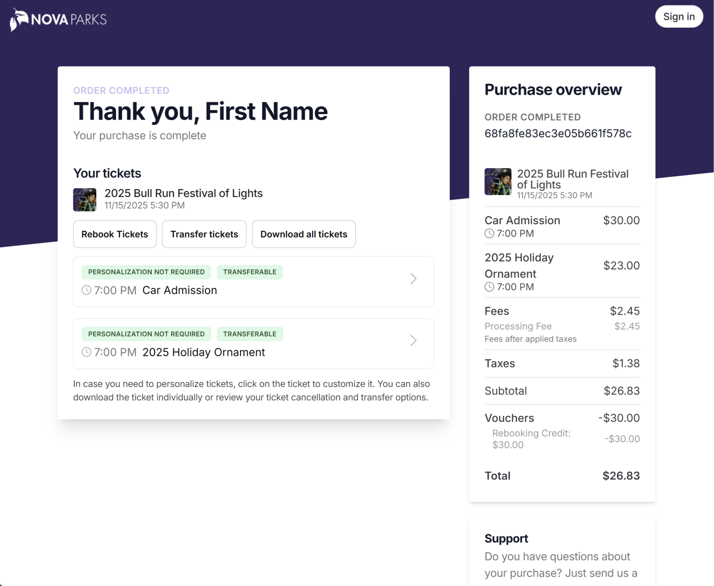 Ticket purchase confirmation page with event details and purchase overview.