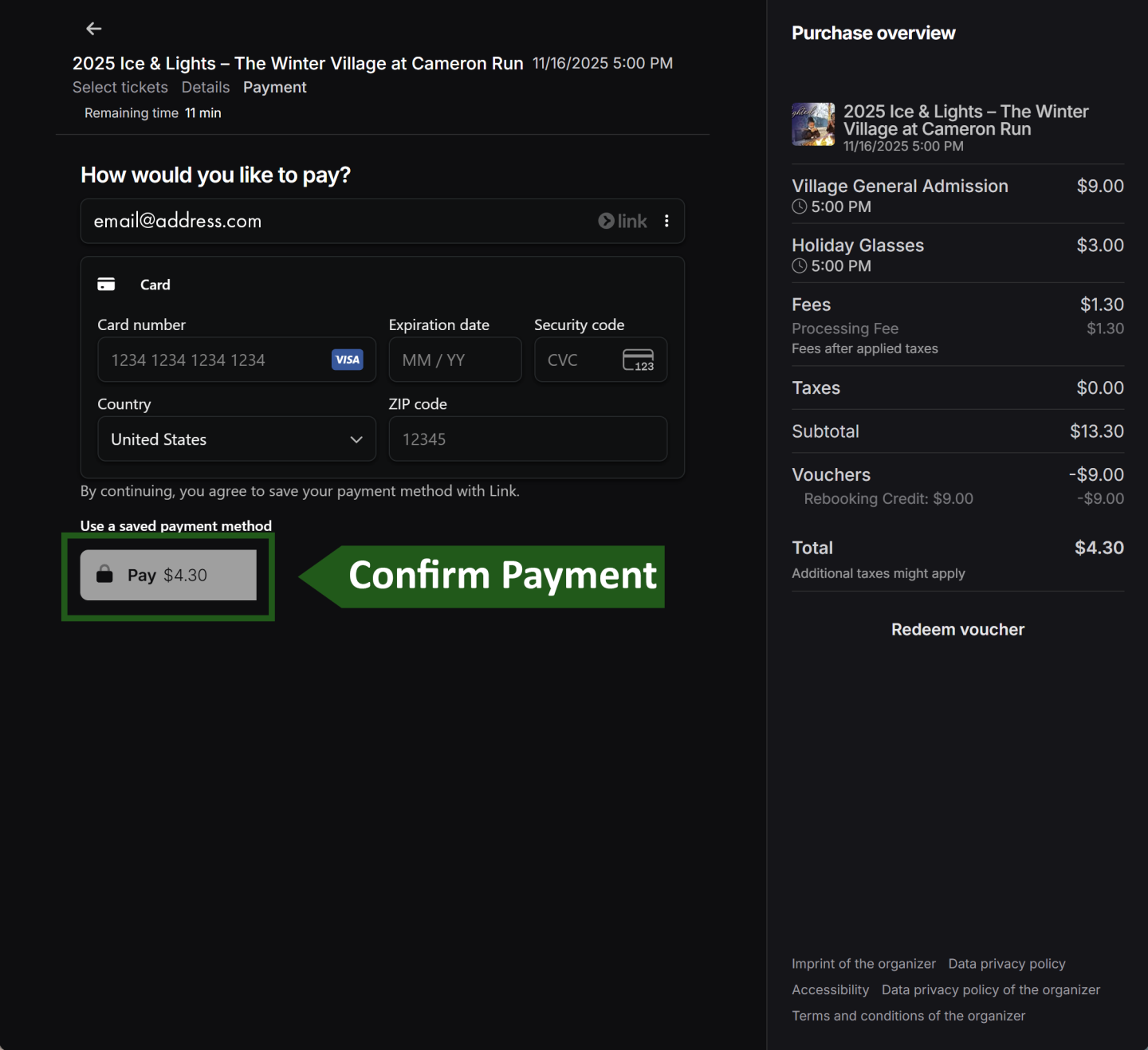 Payment page with credit card details and confirm button.