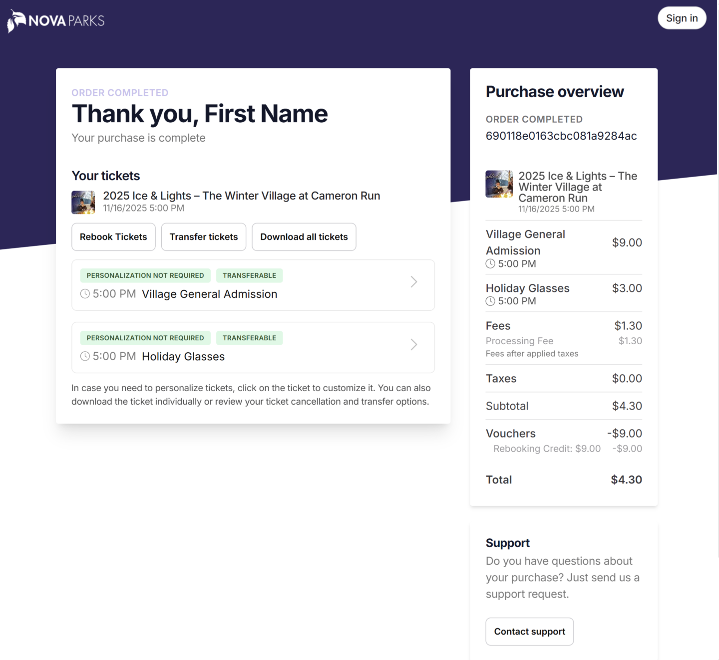 Ticket purchase confirmation with event details and total price.